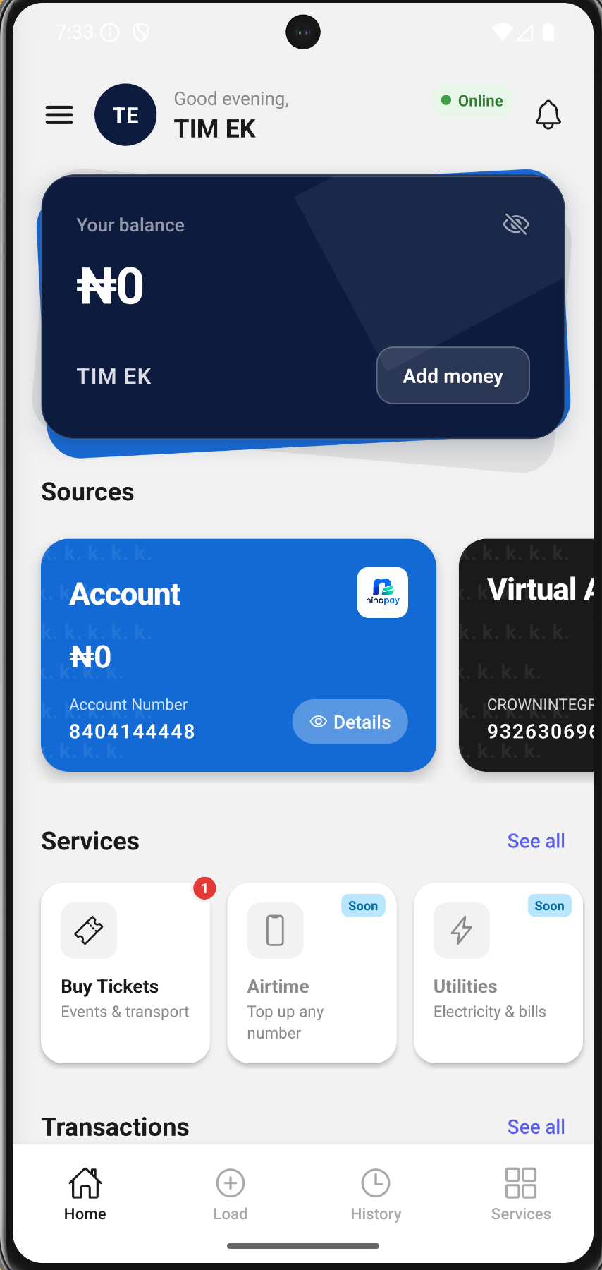 Nina Wallet dashboard
